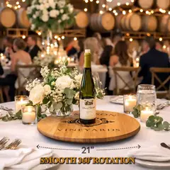 21 inch reclaimed wine barrel lazy susan with smooth 360 degree rotation displayed on dining table centerpiece