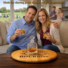 Custom bourbon barrel head lazy susan centerpiece with couple enjoying whiskey drinks at home