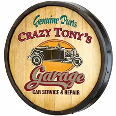 Angled profile of custom wooden garage barrel end sign showing 3 inch dimensional depth and rustic wood rim.