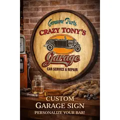 Custom Crazy Tony’s Garage quarter barrel sign mounted on brick wall in vintage mechanic workshop setting.