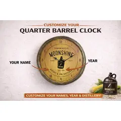 Custom moonshine barrel end clock showing personalized name year and distillery engraving on rustic barrel style clock face.