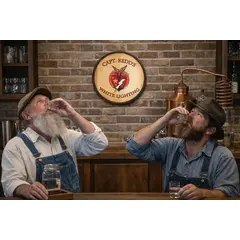 Personalized White Lightning barrel head sign displayed in rustic home distillery bar setting with men enjoying moonshine shots.