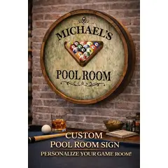 Close-up of Michael’s Pool Room quarter barrel sign mounted on brick wall highlighting 3D relief and handcrafted wood detail.