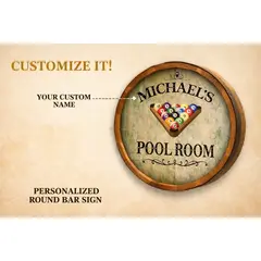 Customizable round pool room barrel sign showing personalized name option.