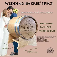 Custom oak wedding barrel card box personalized with names and wedding date for rustic wedding decor.