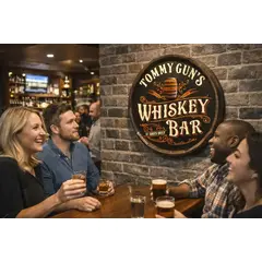 Rustic pub interior featuring 20–21 inch handmade wooden whiskey bar quarter barrel wall sign with dimensional depth.