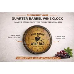 Personalized Quarter Barrel Wine Clock – Custom Names and Established Year Wine Bar Wall Clock