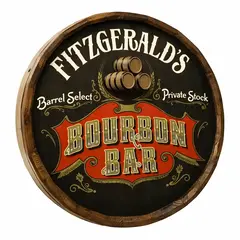 Fitzgerald’s Bourbon Bar 20–21 inch round wooden barrel head sign with raised 3D bourbon barrels and vintage lettering.