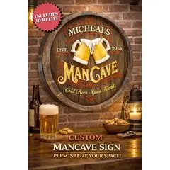 Handmade barrel head man cave sign mounted on brick wall featuring raised 3D beer mugs