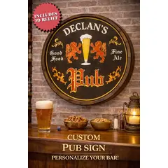 Handmade quarter barrel pub sign displayed in luxury home bar setting with warm lighting