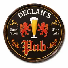 Handmade 20 inch quarter barrel pub sign with 3D relief Declan’s Pub design front view