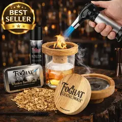 Foghat Cocktail Smoking Kit displayed on rustic bar with oak smoker, whiskey glass, torch igniting wood chips, and best seller badge.