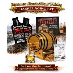 Japanese Blended Peat Whisky barrel aging kit with American white oak barrel and peated whisky essence for crafting smoky whisky at home.