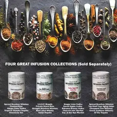 Four Liquor Quik® infusion collections featuring gourmet alcohol flavor packets for whiskey, rum, vodka, tequila, and gin infusion at home.
