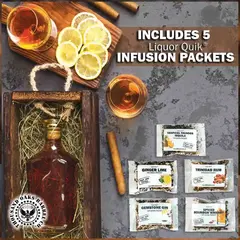 Five Liquor Quik® infusion packets including Spiced Bourbon, Tropical Thunder Tequila, Trinidad Rum, Ginger Lime Vodka, and Gemstone Gin.