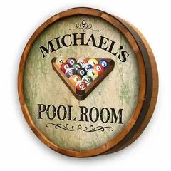 Angled view of handmade quarter barrel pool room sign showing solid wood rim and dimensional depth.