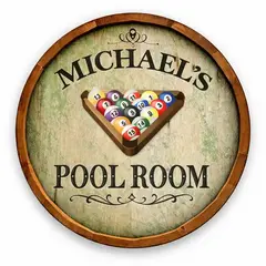 Michael’s Pool Room 20–21 inch round wooden barrel head sign featuring 3D billiard ball rack and vintage lettering.