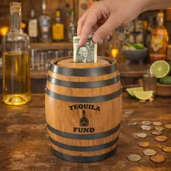 Hand placing dollar bill into mini oak barrel piggy bank engraved with Tequila Fund graphic on rustic tequila bar counter