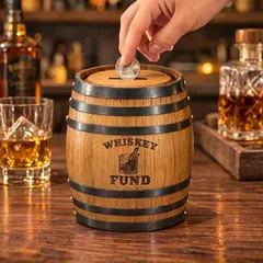 Mini oak barrel whiskey fund piggy bank on a bar top with whiskey glass and decanter in the background