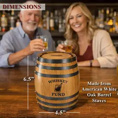 Mini oak barrel piggy bank showing dimensions 6.5 inches tall and 4.5 inches wide made from American white oak barrel staves