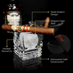 Modern whiskey tumbler with built-in cigar holder and large ice ball for bourbon.