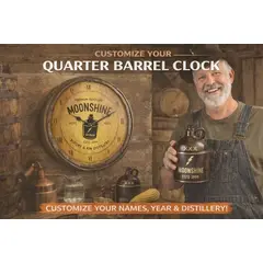 Rustic moonshine distillery decor featuring personalized barrel clock with moonshine jug graphic mounted in rustic distillery setting.
