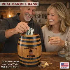Couple smiling while adding money to a Moonshine Fund oak barrel piggy bank made from real American white oak barrel staves on a rustic moonshine bar.