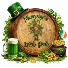 Irish pub barrel end wall decor with shamrocks, green beer and festive St. Patrick’s Day elements
