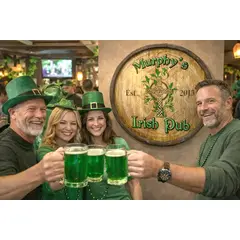 Rustic Irish pub quarter barrel sign displayed in bar setting with people celebrating