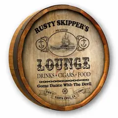 Angled side profile of handmade nautical barrel end wall sign showing 3 inch dimensional wood construction.