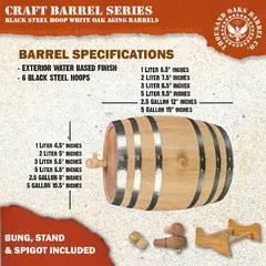 Oak aging barrel specifications chart showing dimensions for 1 liter to 5 gallon barrels with black steel hoops, exterior finish, medium char interior, and included bung, stand, and spigot.