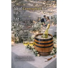 Oak barrel champagne chiller centerpiece at romantic wedding reception with string lights and floral table decorations