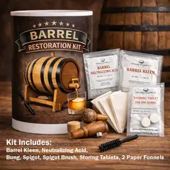 Oak barrel restoration kit with barrel cleaner, neutralizing acid, storage tablets, bung, spigot and spigot cleaning brush for mini whiskey barrels
