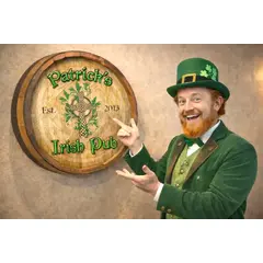 Personalized Irish pub barrel sign shown with St. Patrick’s Day costume theme
