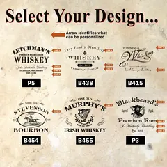 Six personalized whiskey barrel lazy susan engraving design options for custom distillery style engraving