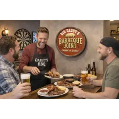 Friends enjoying beer and barbecue in front of personalized quarter barrel BBQ sign
