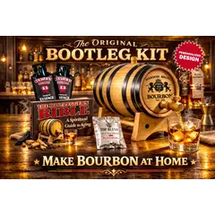 Personalized Bootleg Bourbon Making Kit featuring custom engraved American white oak barrel with working spigot pouring bourbon into glass, bourbon essence packets, and Bootlegger’s Bible guide on bar counter.