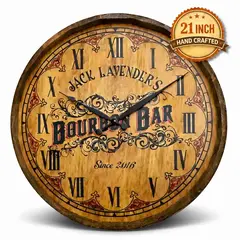 Personalized bourbon barrel clock showing Jack Lavender's Bourbon Bar design on a rustic quarter barrel style wall clock with Roman numerals.
