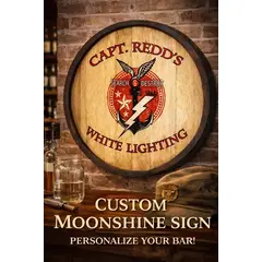 Custom moonshine quarter barrel sign mounted on brick wall with whiskey bottle and rustic decor accents.