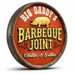 Handmade barrel end BBQ sign mounted on brick wall showing raised 3D pig detail