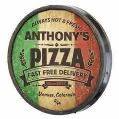 Personalized quarter barrel pizza sign 20 inch round with Italian flag background and custom name