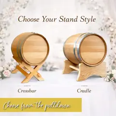 Wedding card barrel holder with two stand options including crossbar stand and cradle stand display.