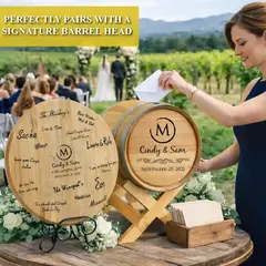 Personalized wedding card barrel engraving example showing custom initial monogram, couple names, and wedding date for a rustic wedding card holder.