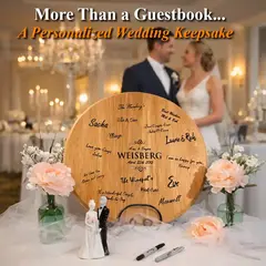 Custom engraved wedding guestbook alternative signature board keepsake with guest signatures displayed at an elegant wedding reception.