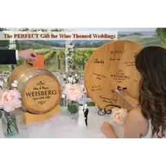 Personalized wooden wedding signature barrel guestbook for vineyard or wine themed weddings with guests signing a wooden board while a card is placed into the barrel.