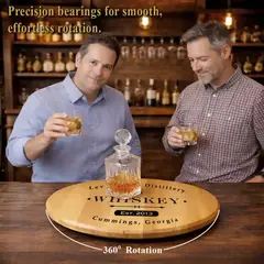 Personalized whiskey barrel head lazy susan with smooth 360 degree rotation and crystal whiskey decanter