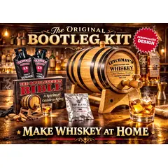 Personalized Bootleg Whiskey Making Kit featuring custom engraved American white oak barrel with working spigot, whiskey pouring into glass, whiskey essence packets, and Bootlegger’s Bible guide on bar counter.