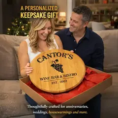 Woman receiving personalized wine barrel lazy susan gift perfect for wedding anniversary or housewarming