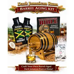 Premium Dark Jamaican Rum barrel aging kit with real American oak barrel, essence packets and glass of aged rum.