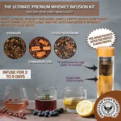 Premium whiskey infusion kit with glass infuser bottle and stainless steel cage showing three infusion flavors for DIY bourbon making.
